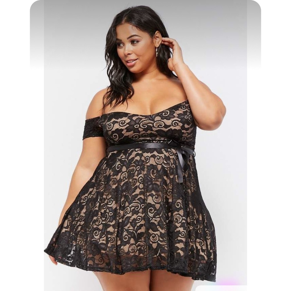 Plus Size Off-the-Shoulder Lace Fit & Flare Mini Dress